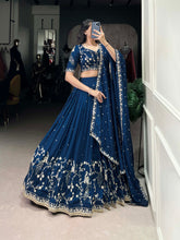 Firozi Color Sequins And Thread Embroidery Work Vichitra Silk Lehenga Choli